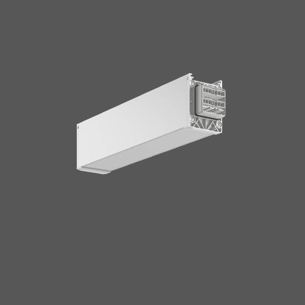Un panneau mural rectangulaire blanc avec des connexions métalliques à une extrémité, flottant devant un arrière-plan gris.