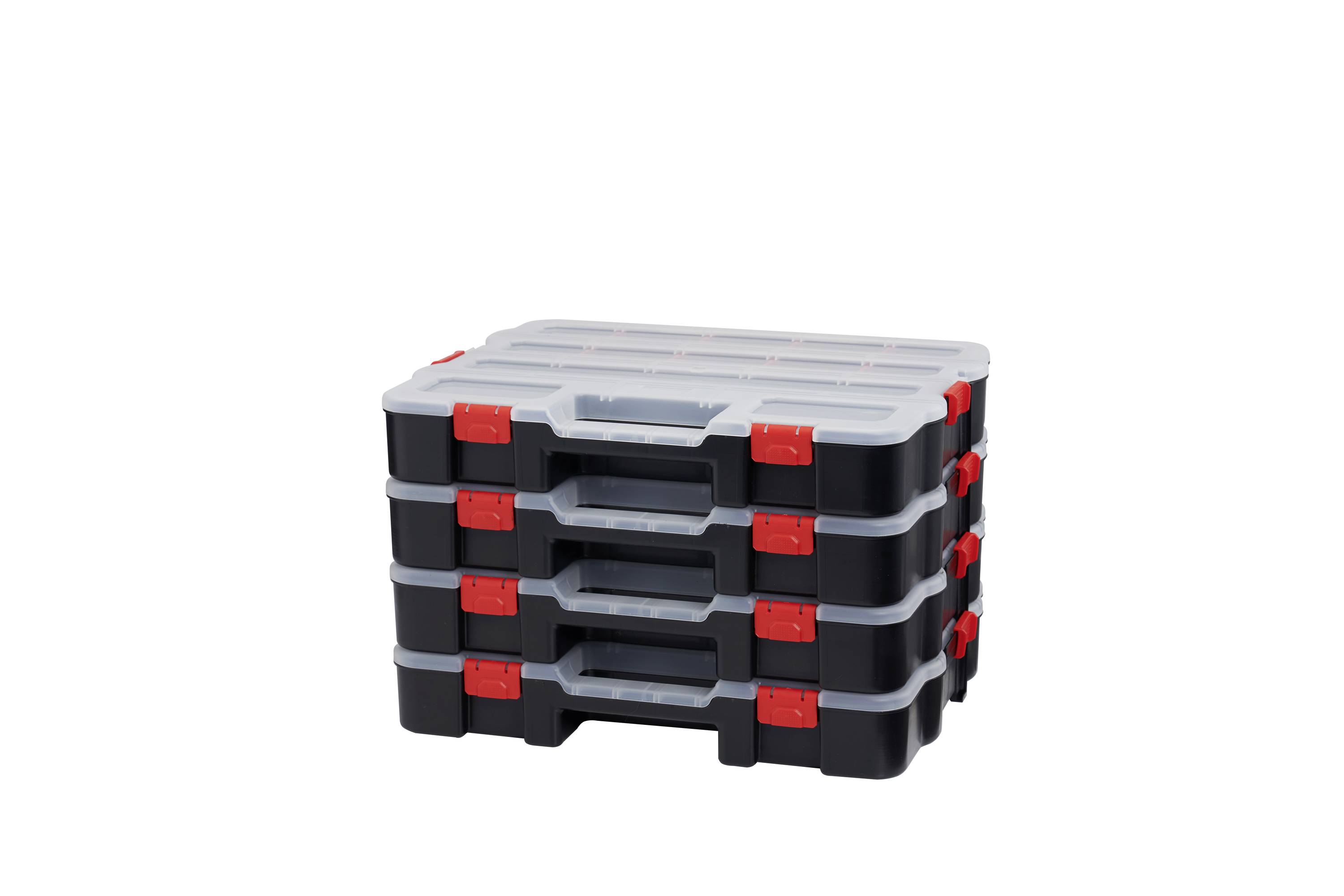 Quatre mallettes à outils empilables en noir avec des fermoirs rouges et des couvercles gris, adaptées au rangement de petits composants.