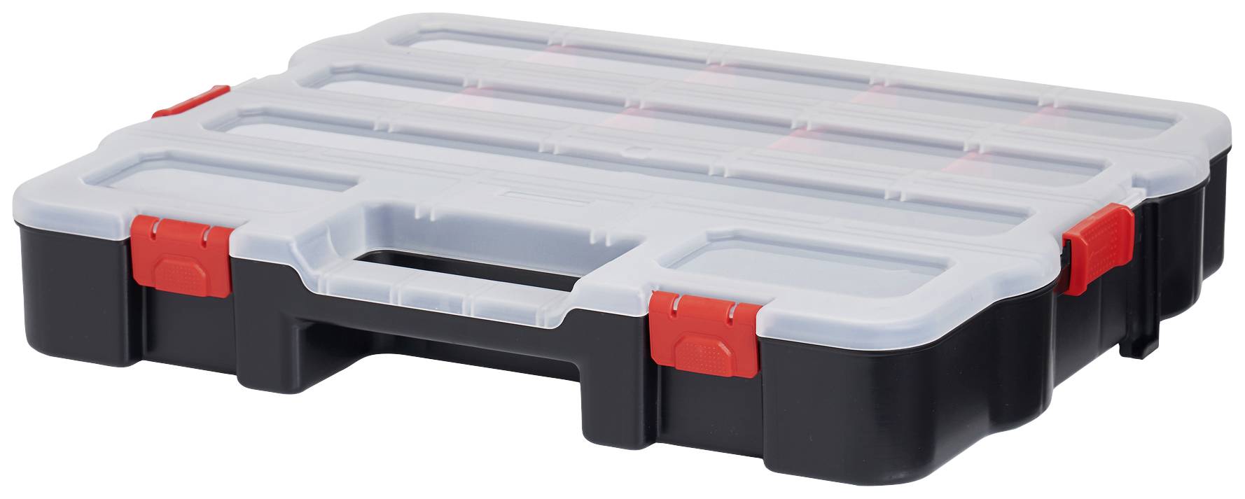 Boîte à outils noire avec couvercle transparent et fermetures rouges pour le transport et le rangement des outils.