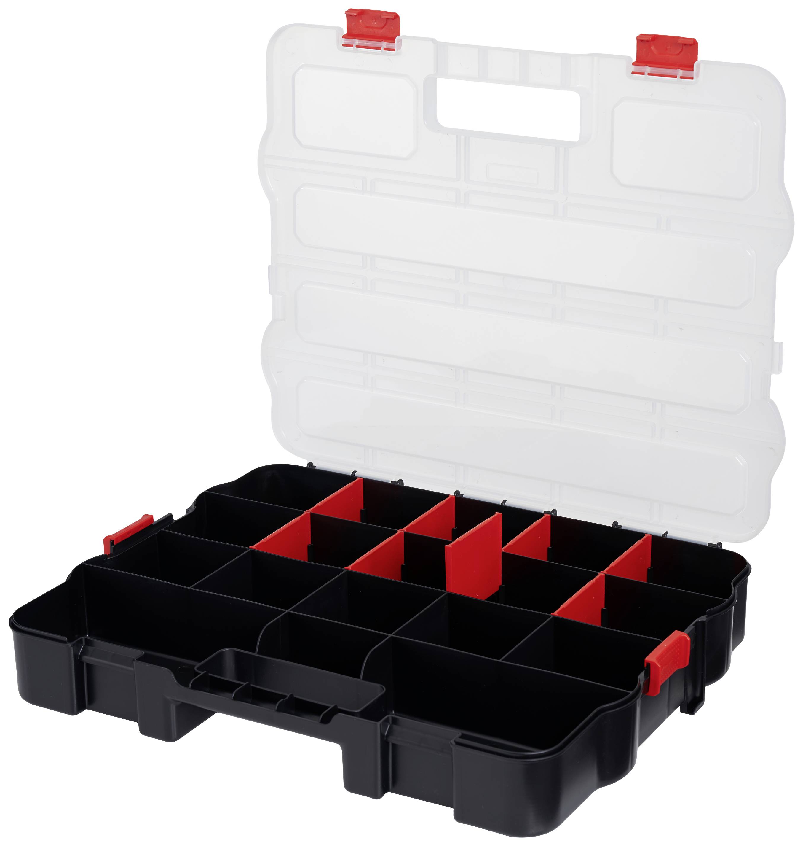 Une boîte à outils en plastique ouverte avec une poignée et plusieurs compartiments noirs, séparés par des cloisons rouges.