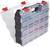 Un organisateur portable transparent avec une poignée et des fermetures rouges. Il est composé de petits compartiments carrés destinés au rangement.