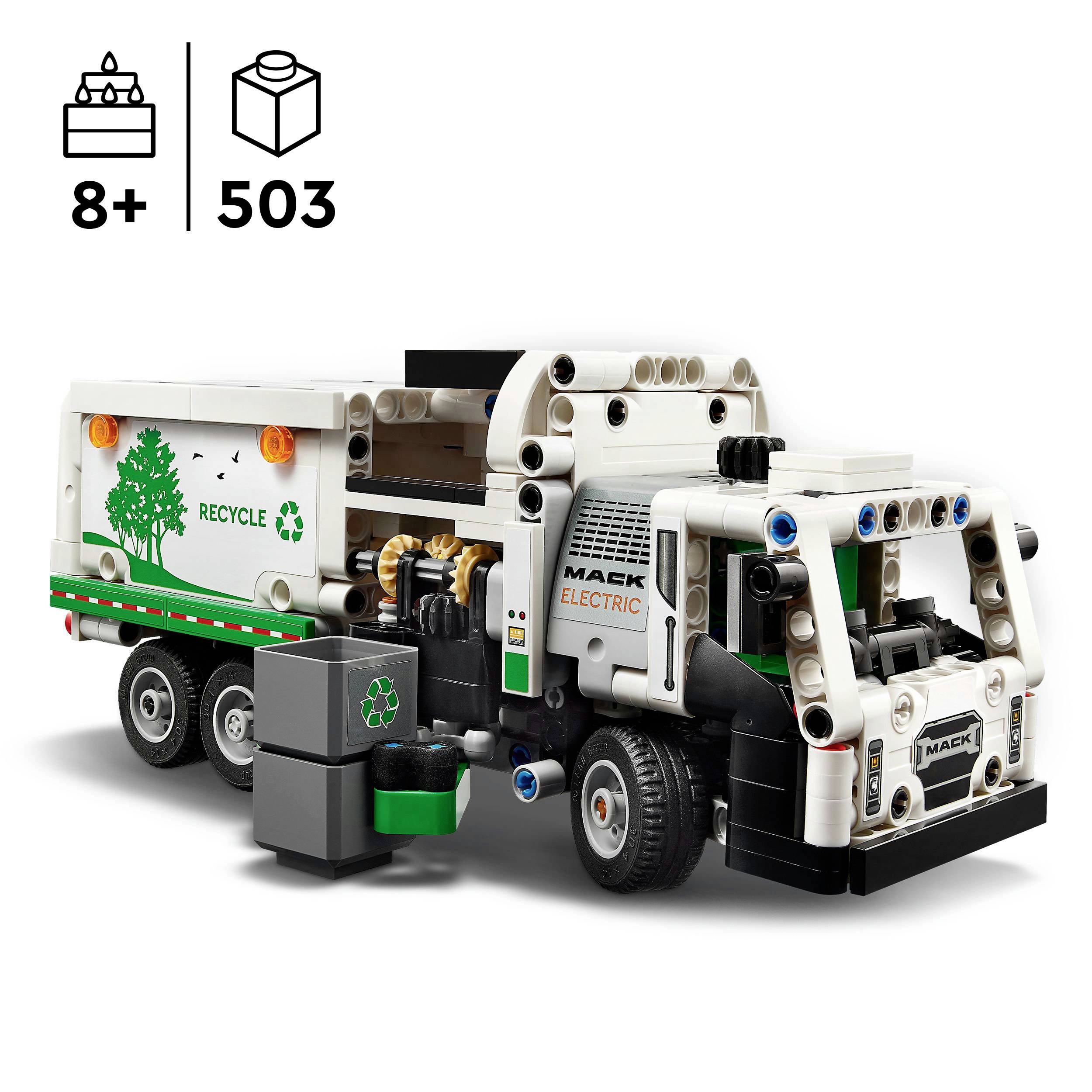 Kit LEGO d'un camion à ordures électrique avec 503 pièces. Comprend des symboles de recyclage. Convient aux enfants à partir de 8 ans.