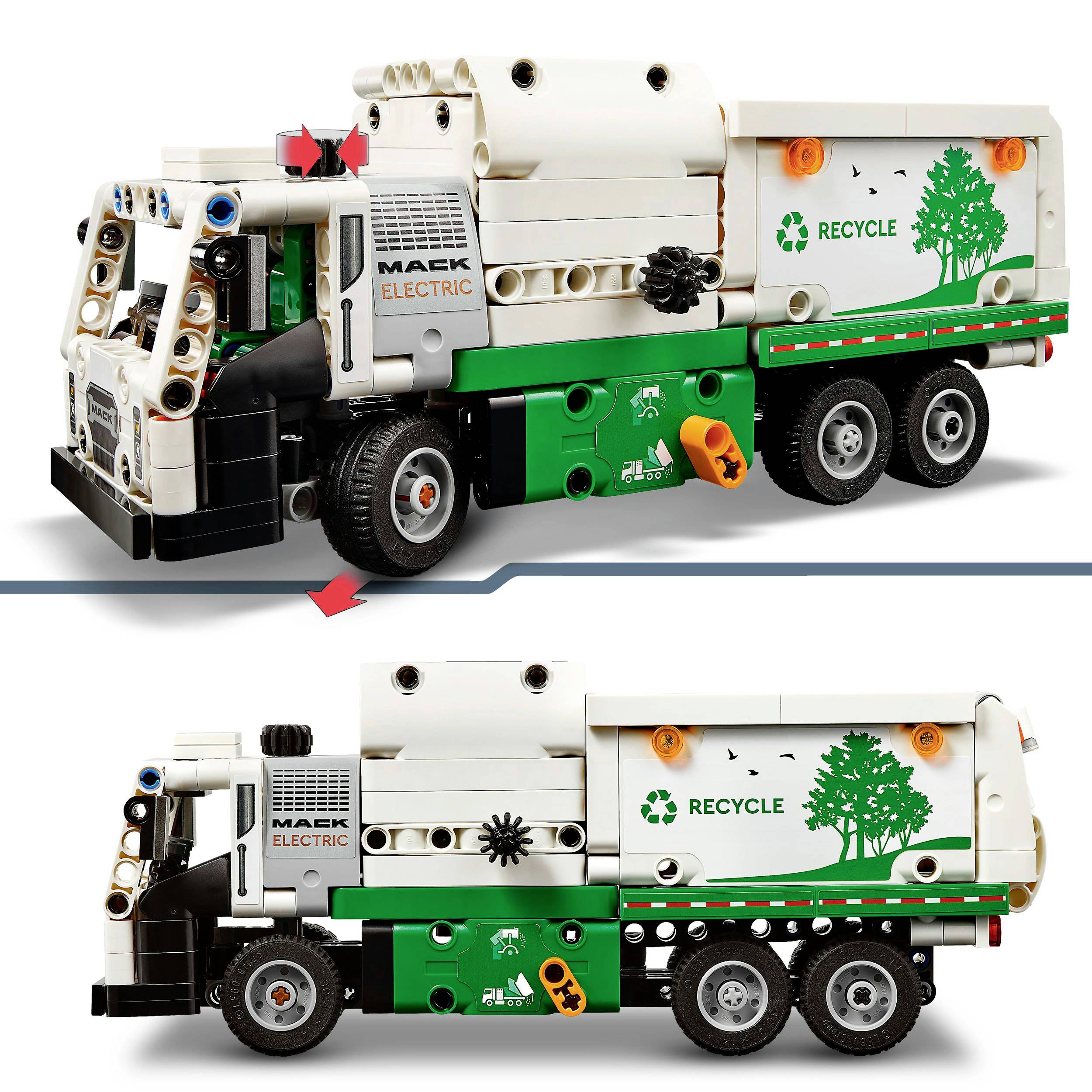 Modèle Lego d'un camion poubelle électrique avec des symboles de recyclage et l'inscription 'Mack Electric', illustrant l'éco-responsabilité.
