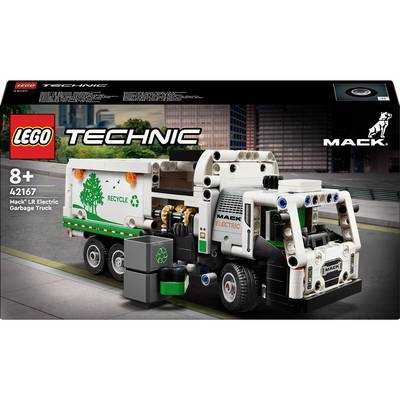 Kit LEGO Technic d'un camion poubelle Mack LR. Comprend des pièces pour construire un camion de collecte électrique avec un thème de recyclage, à partir de 8 ans.