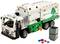 Modèle de jouet d'un camion-poubelle en briques LEGO. Le véhicule est décoré d'un symbole d'arbre et de recyclage. Un petit conteneur à ordures avec des briques colorées est posé à côté.