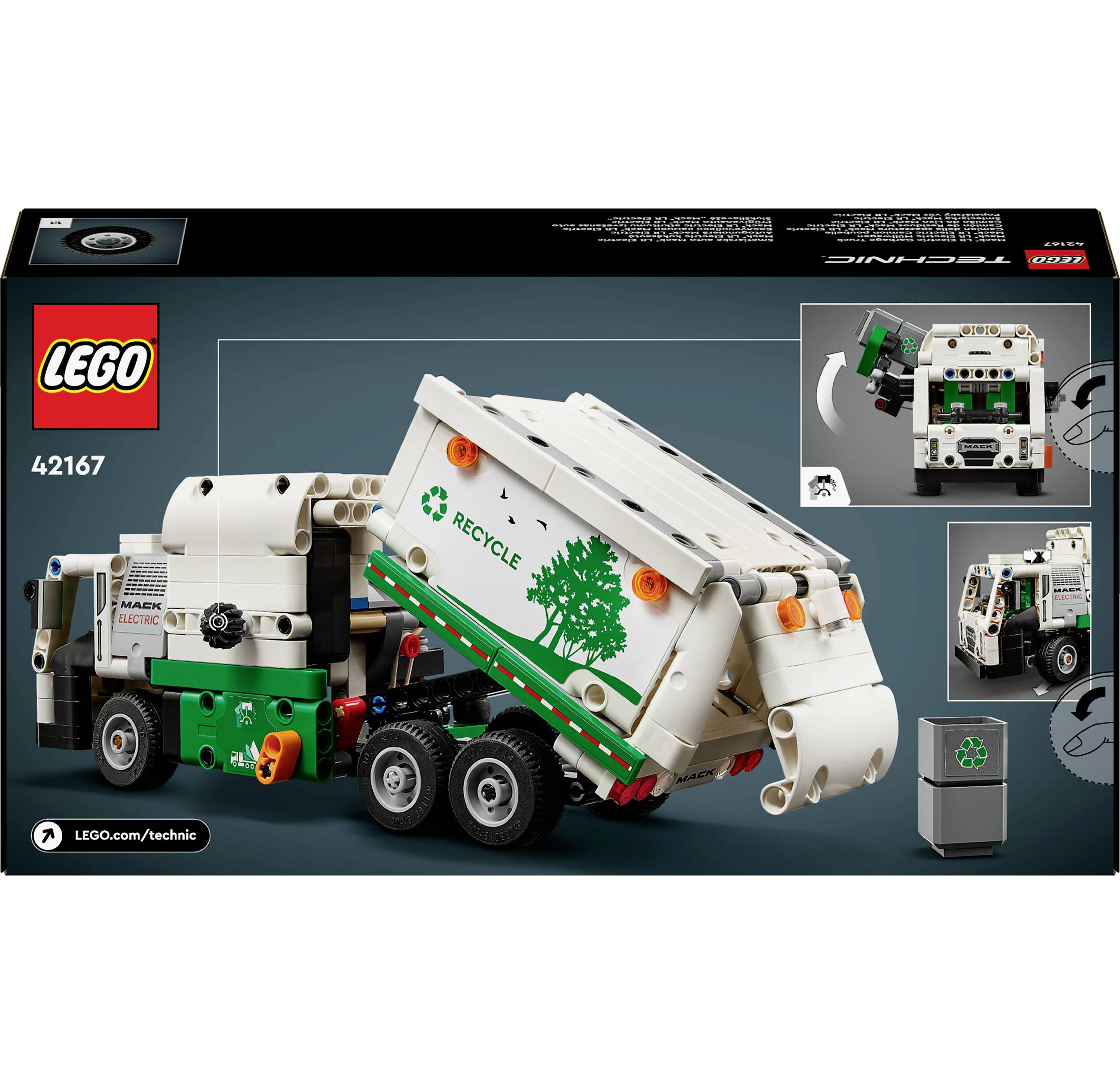 Lego Technic Set 42167 : Camion poubelle avec un bras de levage mobile et l'inscription de recyclage sur le conteneur. L'emballage présente le modèle final et ses fonctions.