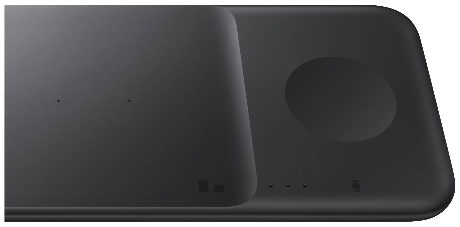 Station de charge sans fil noire avec deux surfaces de charge, adaptée pour charger simultanément plusieurs appareils.