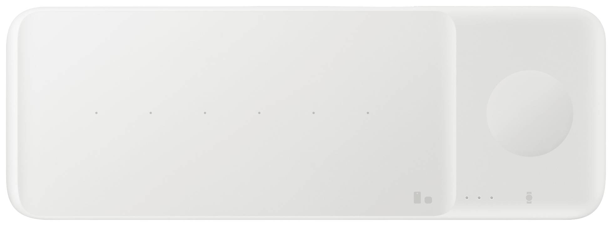 Un chargeur blanc, rectangulaire et minimaliste avec des voyants LED et une station de charge marquée sur le côté droit.