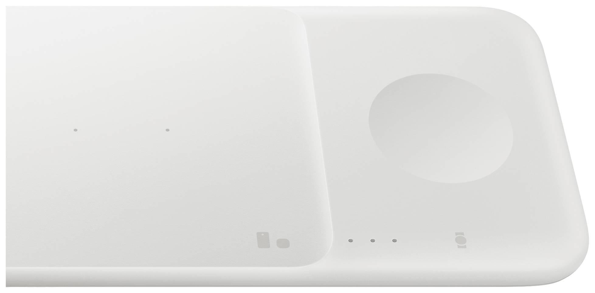 Chargeur sans fil blanc avec deux zones de charge, l'une d'entre elles ronde pour une montre connectée, conçu de manière minimaliste et moderne.