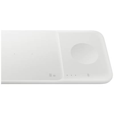 Chargeur sans fil blanc avec deux zones de charge, l'une d'entre elles ronde pour une montre connectée, conçu de manière minimaliste et moderne.