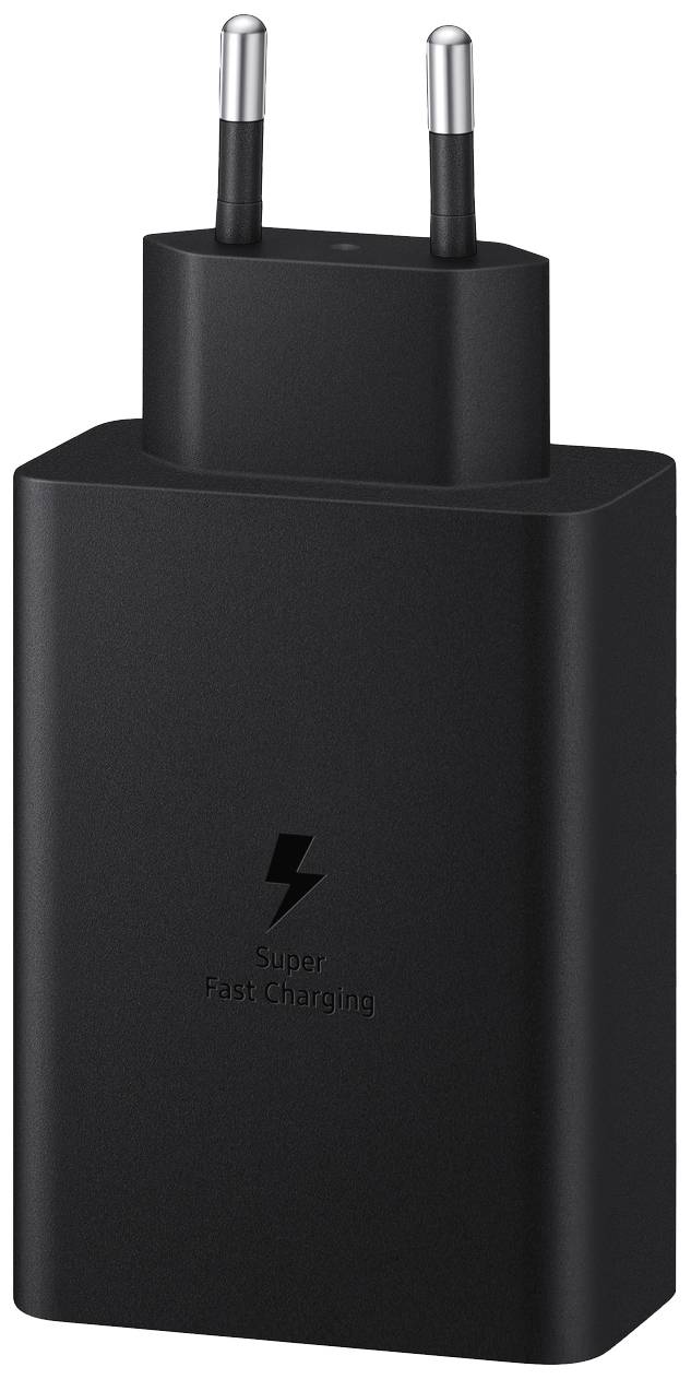 Chargeur de téléphone noir avec fiche européenne, portant l'inscription 'Super Fast Charging', adapté pour la charge rapide des appareils mobiles.