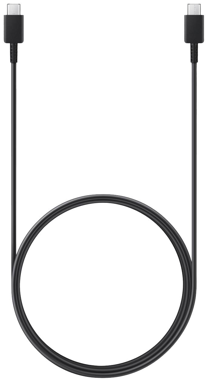 Câble USB-C vers USB-C noir, posé à plat, avec deux connecteurs à ses extrémités, adapté pour la charge et le transfert de données.
