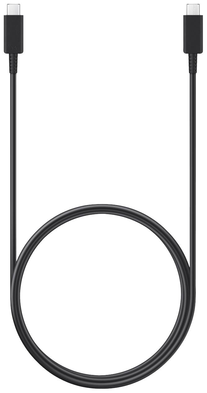 Un câble USB-C noir avec deux connecteurs à chaque extrémité, sur un fond blanc.