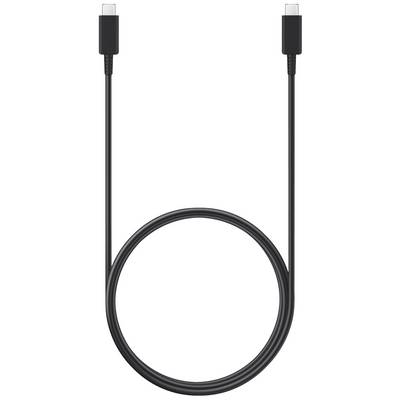 Un câble USB-C noir avec deux connecteurs à chaque extrémité, sur un fond blanc.