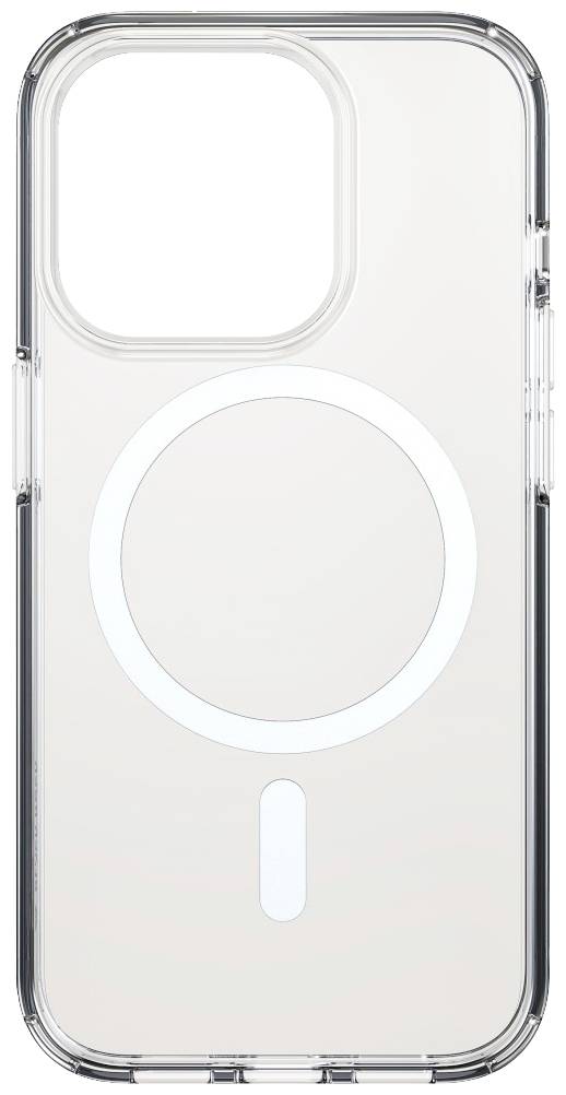 Coque de smartphone transparente avec un symbole MagSafe circulaire au centre, adaptée aux smartphones équipés de grands modules photographiques.