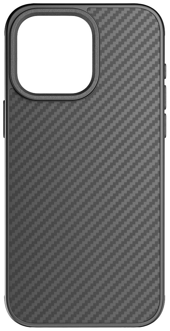 Conception de coque de téléphone noir, similaire à la fibre de carbone, avec une découpe de caméra ouverte en haut à gauche, forme rectangulaire lisse.