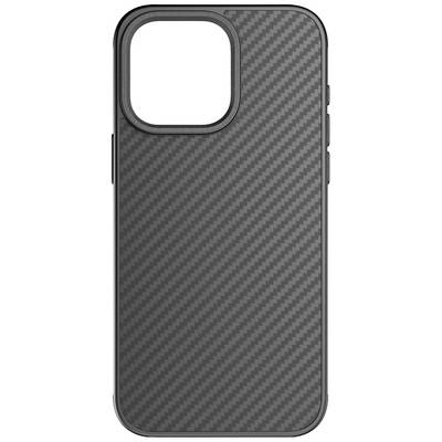 Conception de coque de téléphone noir, similaire à la fibre de carbone, avec une découpe de caméra ouverte en haut à gauche, forme rectangulaire lisse.