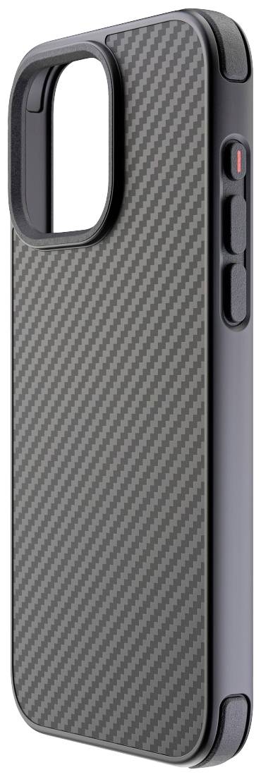 Étui de smartphone noir avec impression de fibre de carbone et boutons latéraux de commande. Protège l'appareil contre les chocs et les rayures.