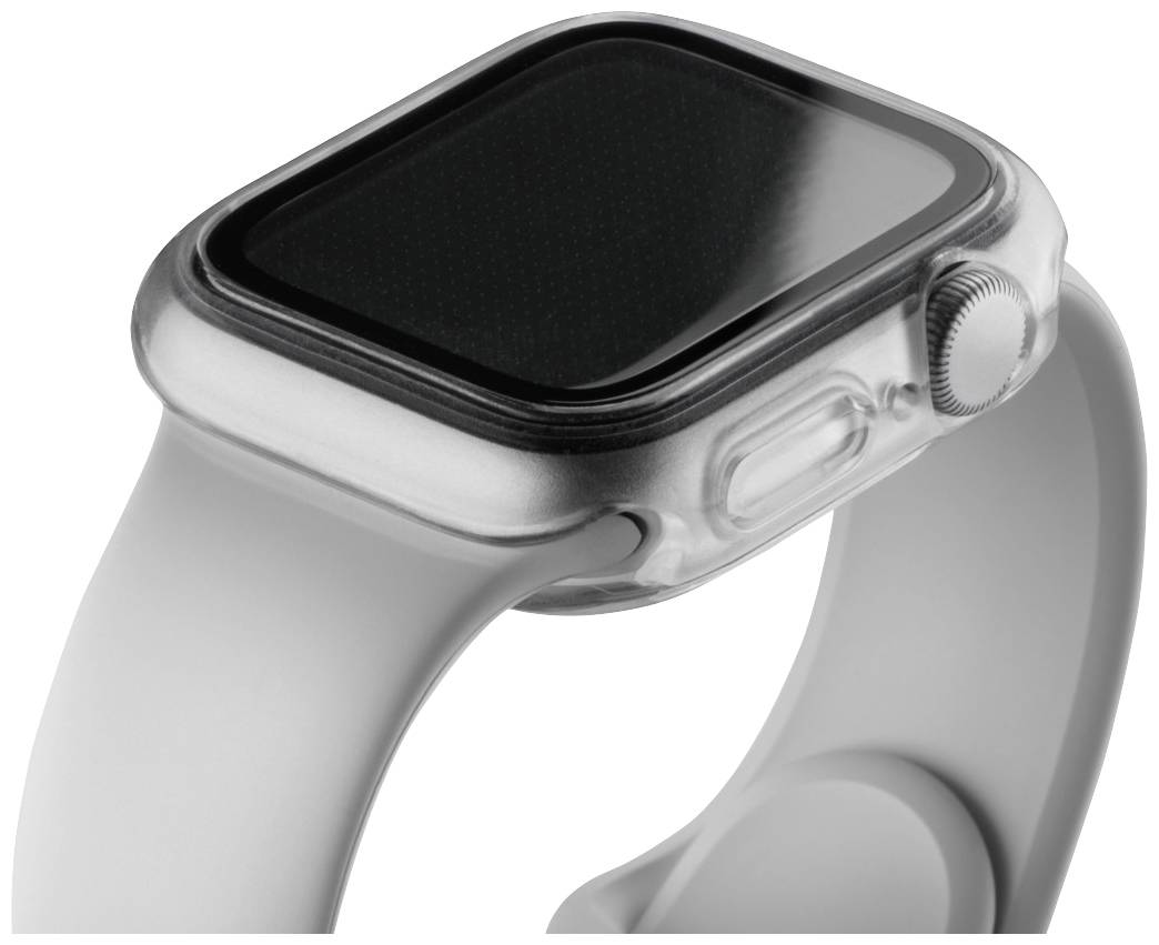 Montre connectée argentée avec écran noir et bracelet gris, photographiée en plongée oblique. Aucun indicateur ou symbole visible.