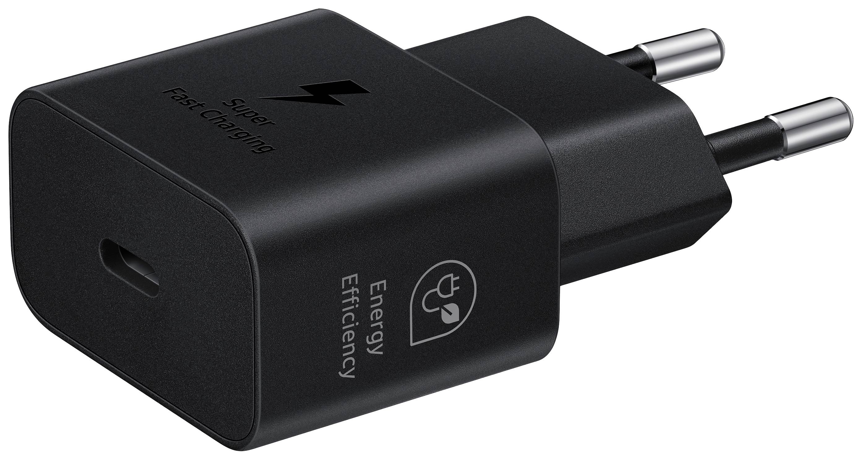 Chargeur USB-C noir avec inscription « Super Fast Charging » et « Energy Efficiency ». Fiche européenne.