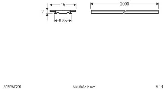 Dessin technique d'un profil de bande métallique de 2000 mm, large de 15 mm et épais de 2 mm, avec une rainure de sous-face de 9,85 mm ; dimensions indiquées en millimètres.