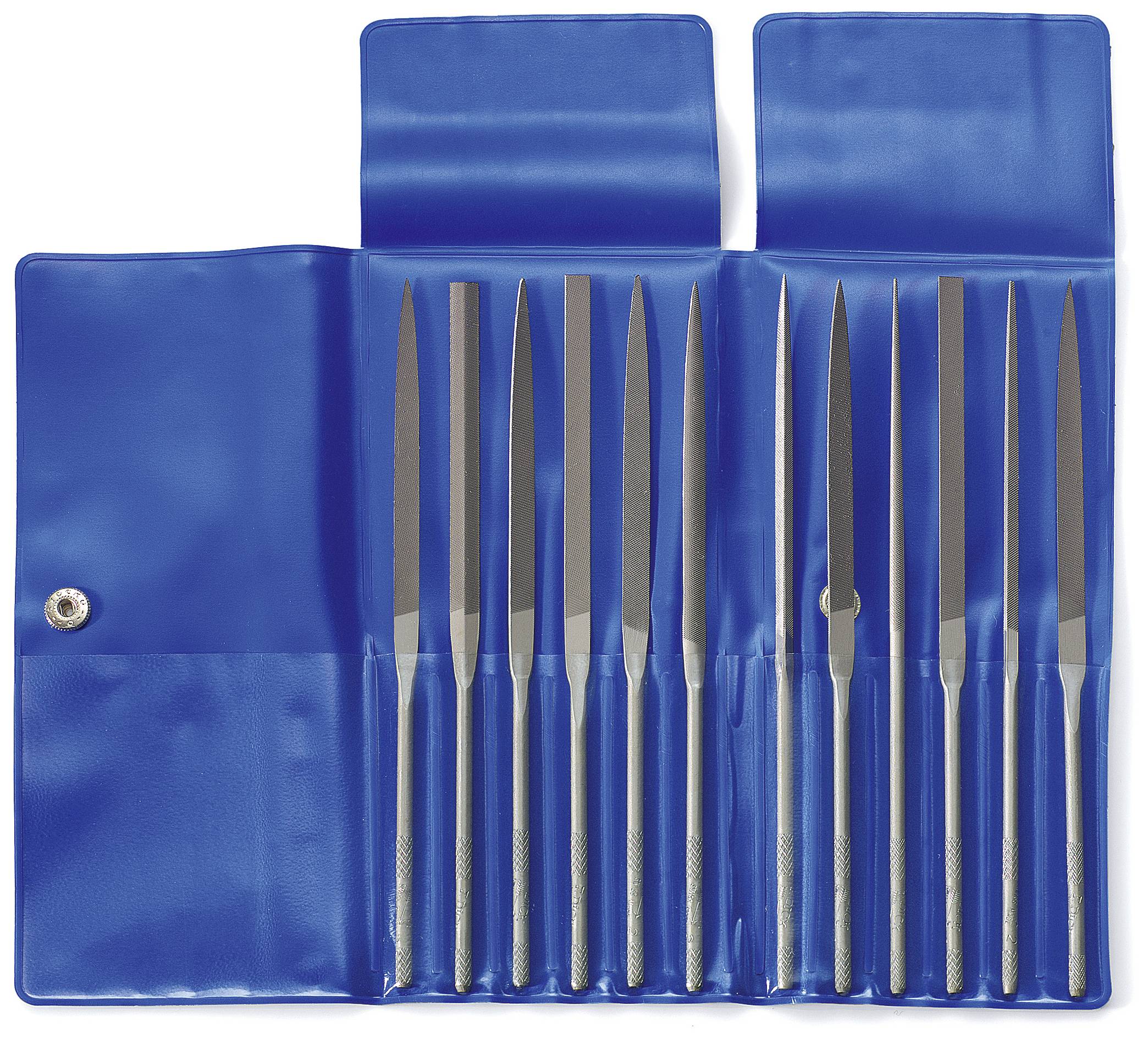 Un ensemble de douze limes de précision dans un étui bleu, de différentes formes et tailles, adapté aux travaux de finition.