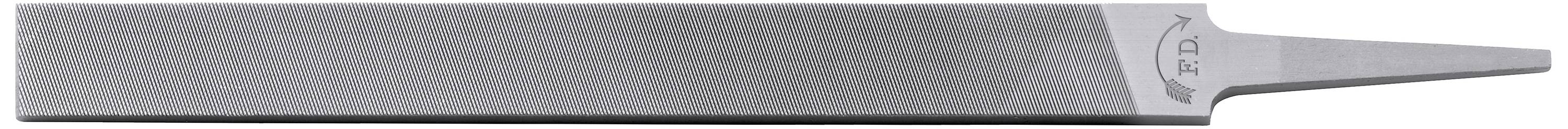 Une lime plate avec une surface rectangulaire et une poignée effilée, utilisée pour lisser ou façonner des matériaux.
