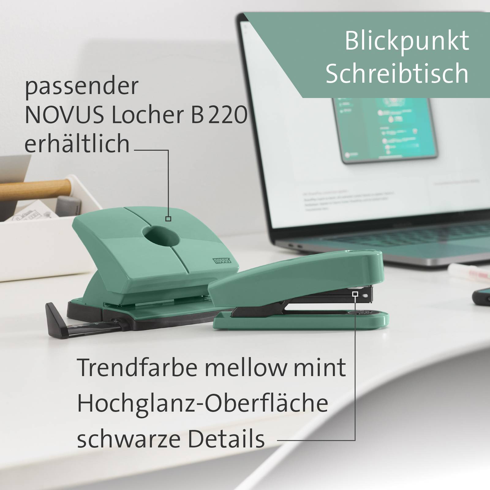 Un perforateur et une agrafeuse dans la couleur tendance 'vert pastel' sont posés sur un bureau. Un ordinateur portable en arrière-plan affiche un site web.