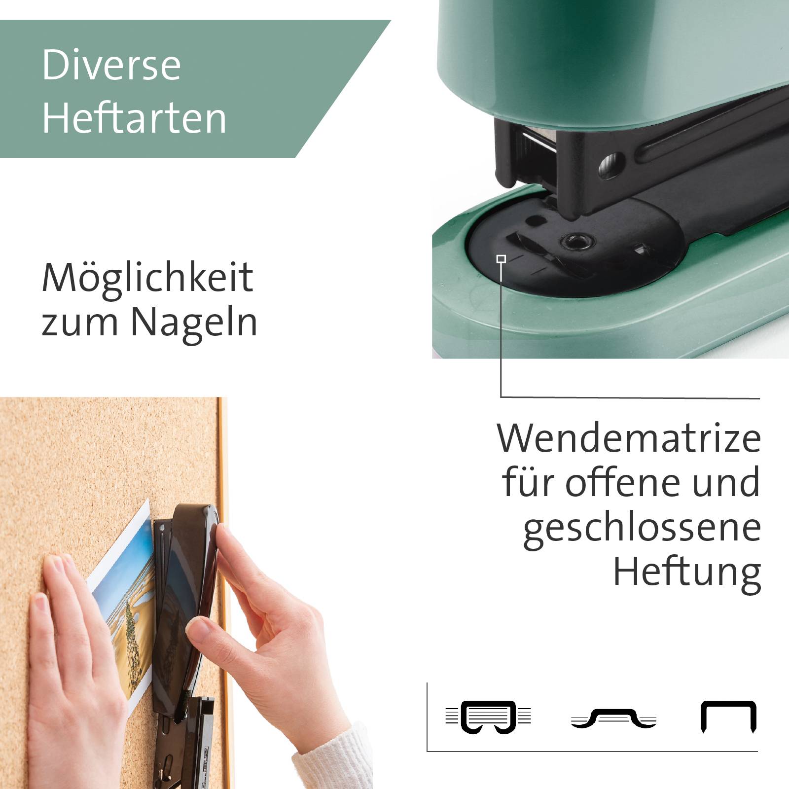 Types de reliure variés' Image avec un agrafeuse verte. Sont mentionnées les possibilités de clouage et la matrice réversible pour une agrafage ouvert et fermé.