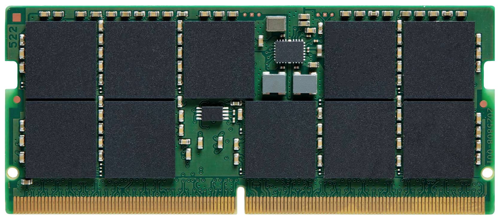 Un module RAM avec huit puces mémoire et des broches de contact dorées en bas, utilisé dans les ordinateurs pour le stockage temporaire de données.