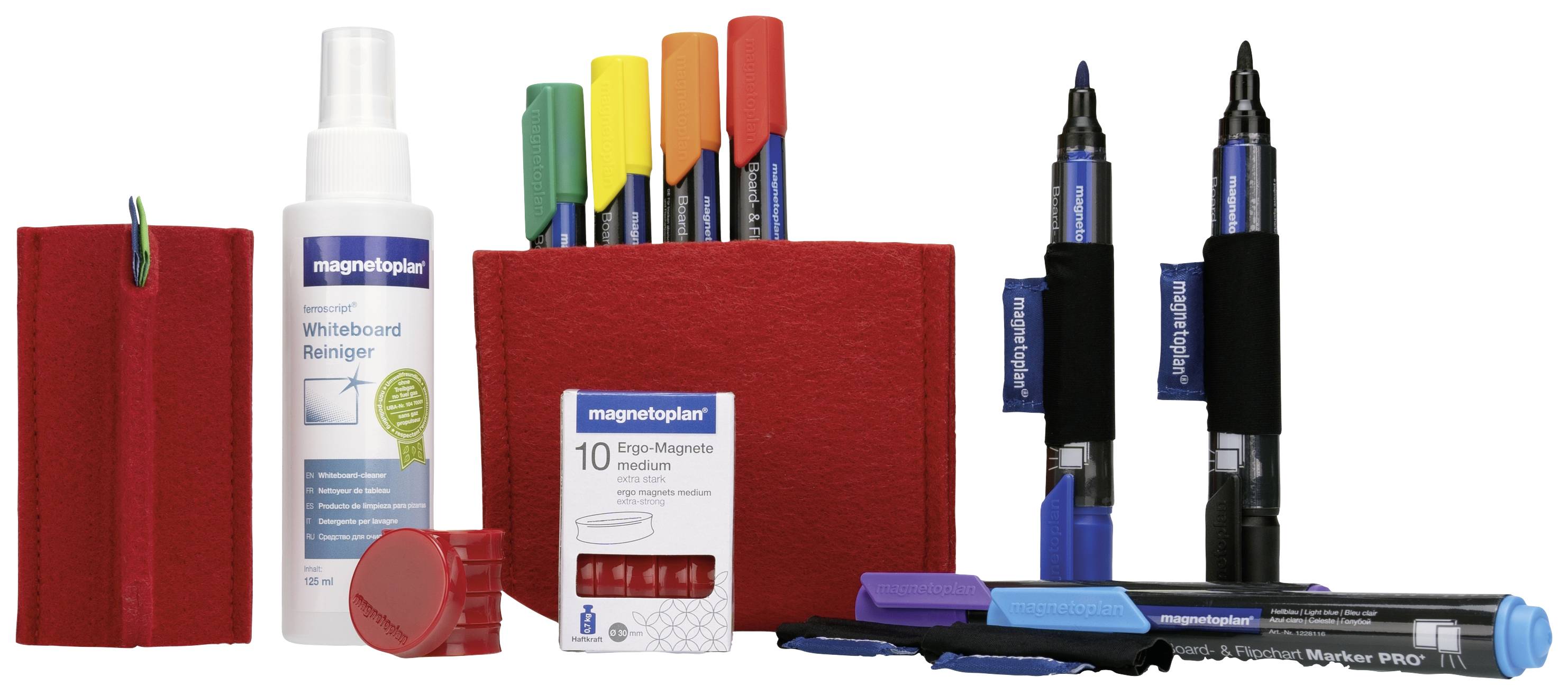 Ensemble avec des aimants, un effaceur pour tableau blanc, plusieurs marqueurs et stylos de différentes couleurs. Idéal pour les tableaux blancs et les présentations.