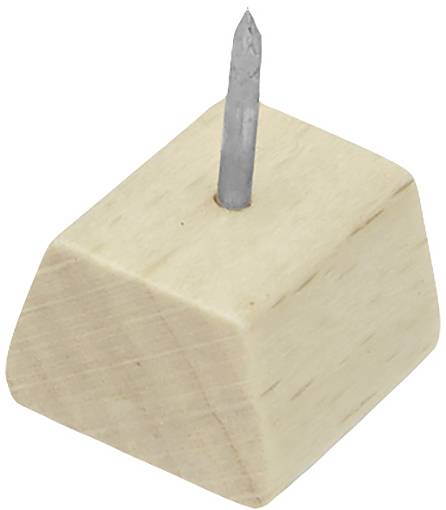 Bloc de bois avec un clou dépassant sur la face supérieure, probablement conçu comme support ou outil.