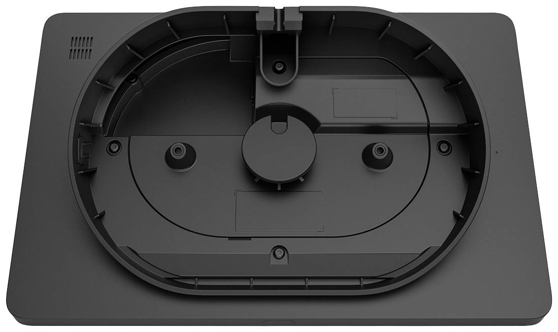 Dos d'un appareil électronique noir avec un rectangle arrondi et des enfoncements pour le montage ou la gestion des câbles.