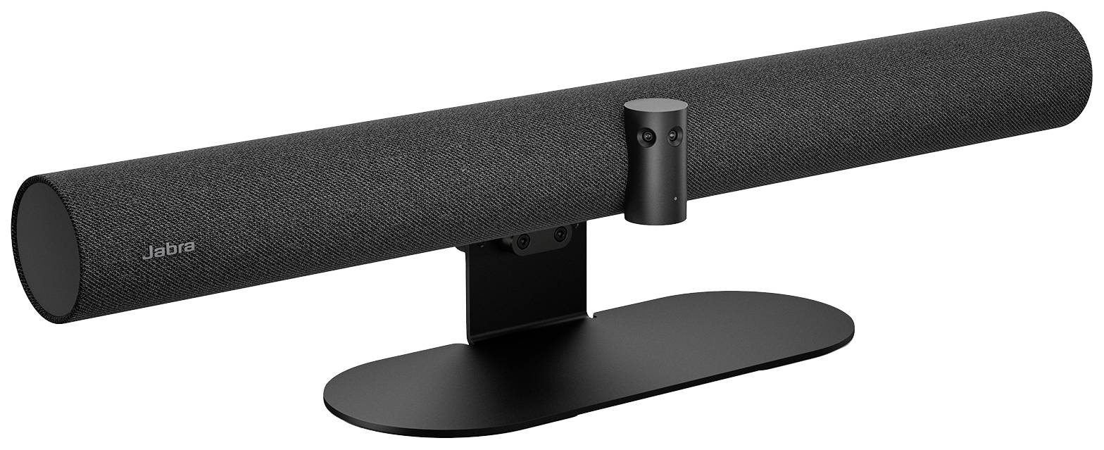 Barre de son Jabra noire au design cylindrique, avec une caméra en son centre, montée sur un socle ovale.