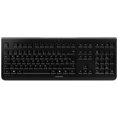 Clavier d'ordinateur noir avec disposition QWERTZ, touches de fonction spéciales et touches fléchées.