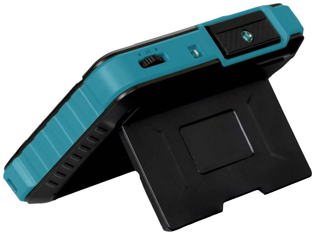 Un appareil portable noir et turquoise avec support intégré, vu de profil. Un interrupteur est situé sur le côté.