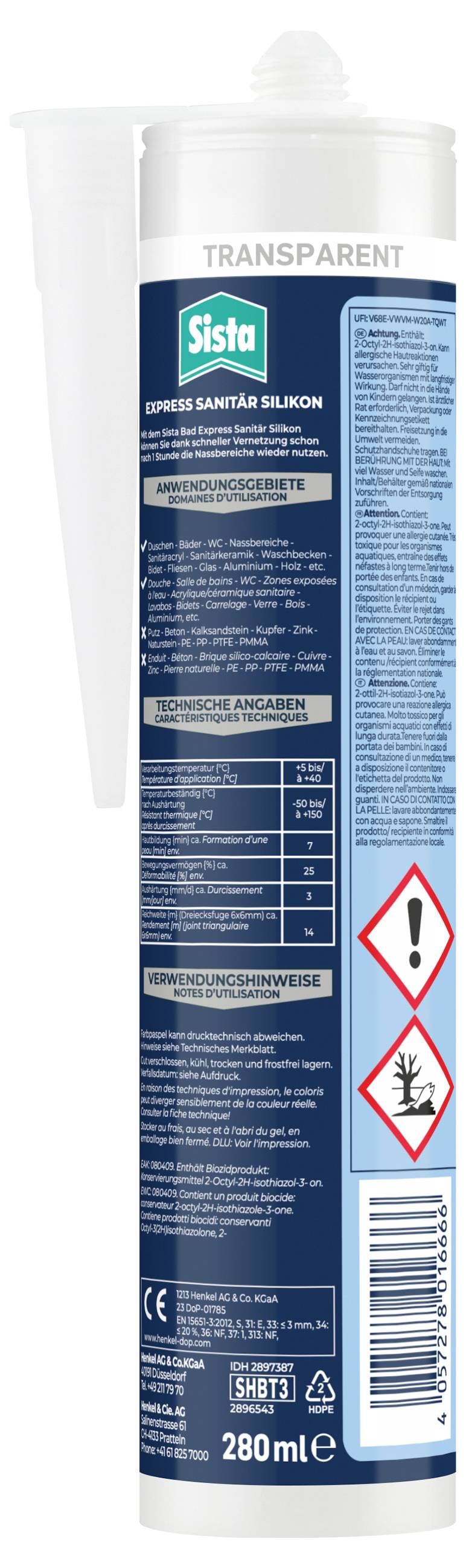Cartouche de 280 ml de silicone transparent pour applications sanitaires. Symboles d'avertissement : Attention et dangereux pour l'environnement.