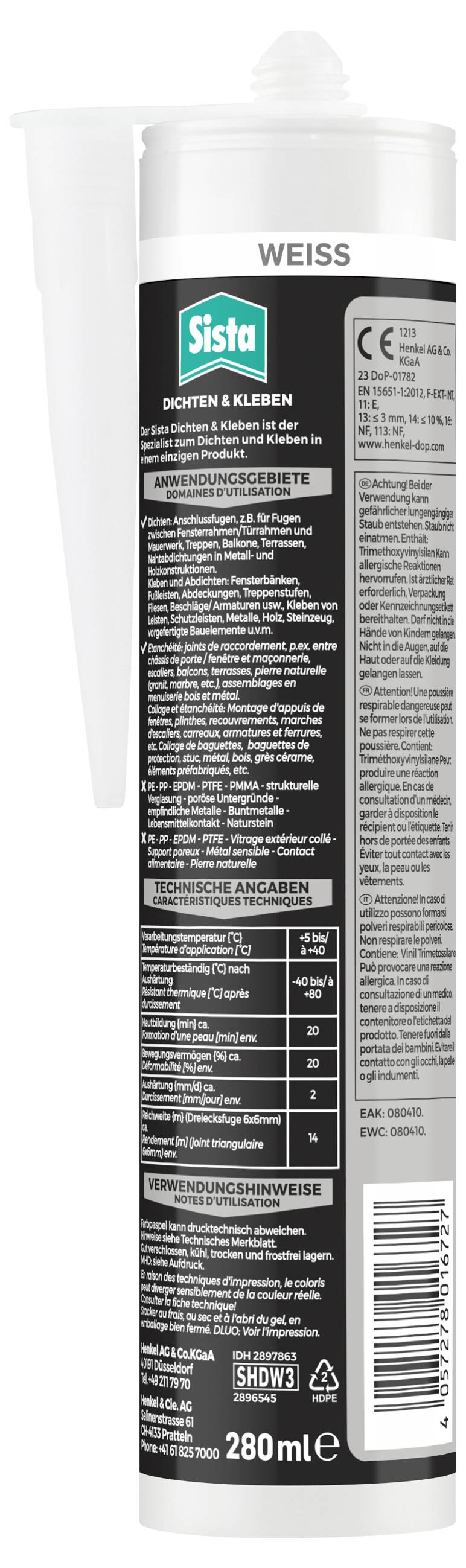 Cartouche de mastic, marque Sista, étiquettes noir et blanc avec instructions d'utilisation et de sécurité. Capacité : 280 ml.