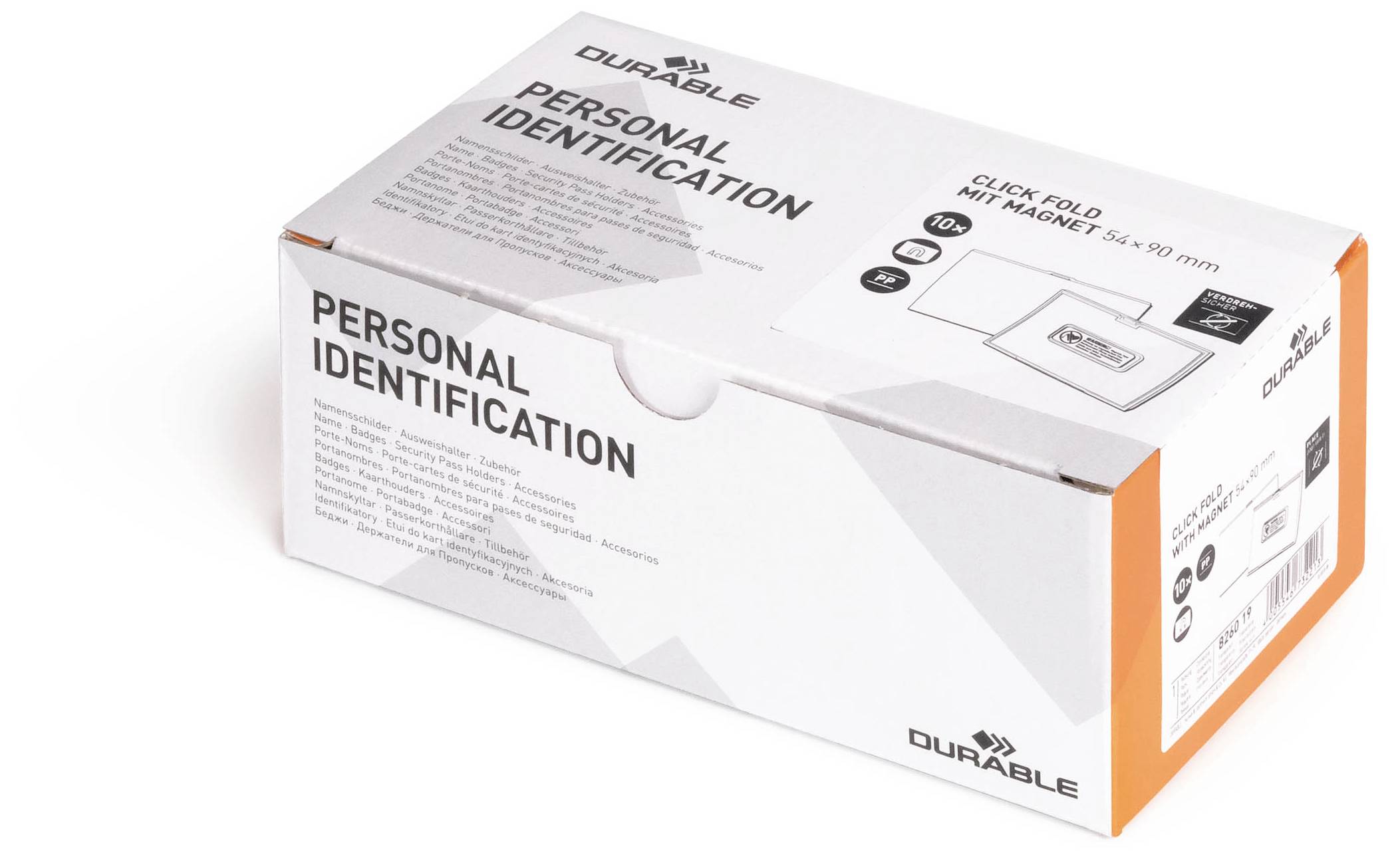 Boîte blanche portant l'inscription « Identification personnelle », contenant des cartes d'identité ou des badges nominatifs avec aimant, format 54 x 90 mm.