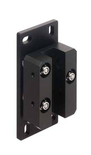 Une charnière de montage rectangulaire noire en métal, équipée de roulements à rouleaux. Elle comporte quatre trous de fixation.