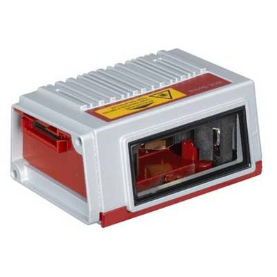 Un appareil électrique rectangulaire, blanc et rouge, avec des ailettes de refroidissement et un autocollant d'avertissement sur le dessus.