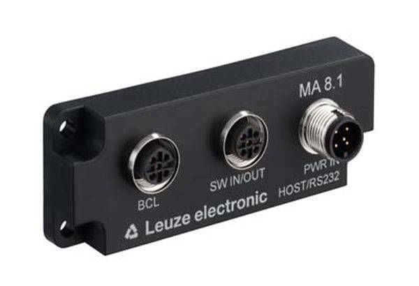 Un appareil électronique noir avec trois ports. Inscriptions : 'BCL SW IN/OUT', 'PWR IN HOST/RS232', 'Leuze electronic MA 8.1'.
