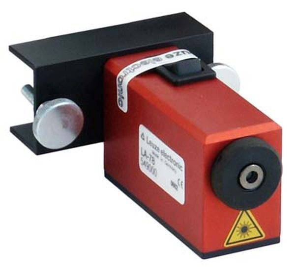 Détecteur laser rouge, monté sur un support noir, avec symbole d'avertissement de radiation laser.
