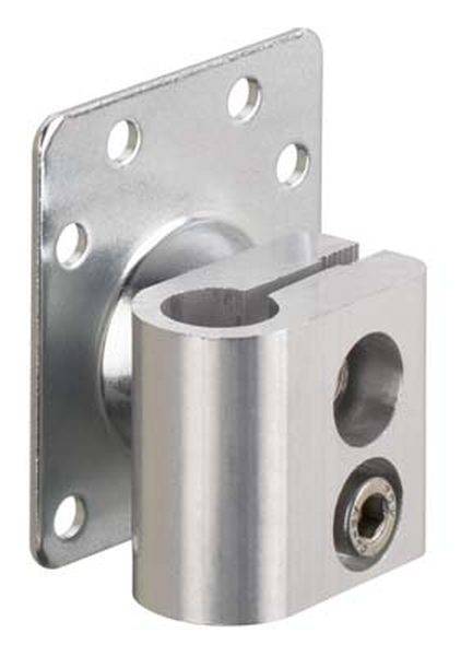 Support métallique à base carrée et arceau rond. Adapté pour des applications de montage, avec des perforations pour la fixation.