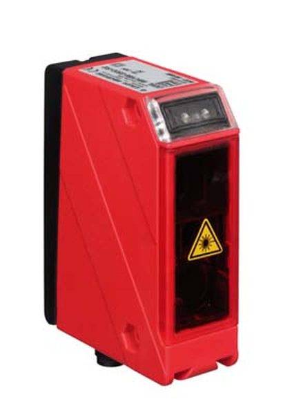Capteur laser rouge avec symbole de triangle d'avertissement, montrant un composant technique de dispositif.