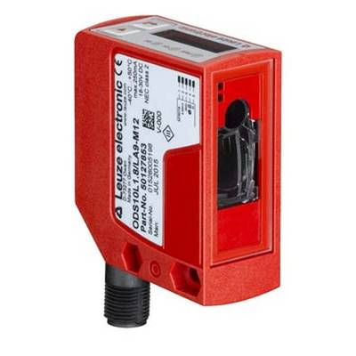Un capteur rouge portant l'inscription 'Leuze electronic' et des spécifications techniques. Il présente une forme rectangulaire et dispose d'un connecteur enfichable.