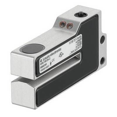 Capteur en forme de L avec boîtier métallique et insert noir. Adapté aux applications industrielles. Inscription : 'Leuze electronic'.