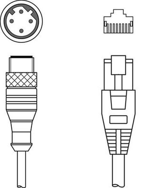 Diagramme de fiches et de prises : en haut à gauche se trouve une fiche ronde, en haut à droite une fiche RJ45, en bas sont représentés leurs branchements.