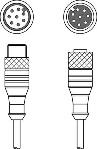Dessin de deux connecteurs : À gauche, une fiche ronde à 5 broches et à droite, une fiche ronde à 6 broches, vues de face et de côté.