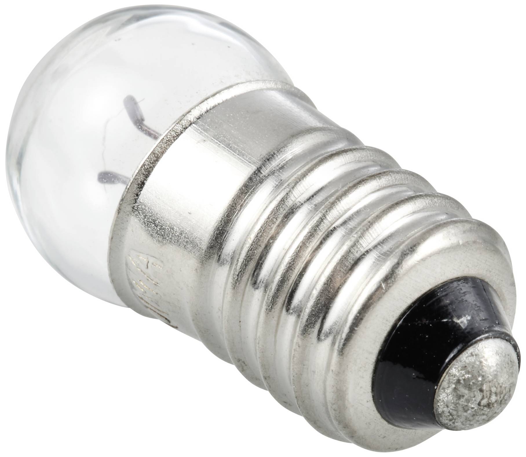 Une petite ampoule avec une douille métallique et un dôme en verre. Elle est posée sur le côté, avec le pas de vis visible au premier plan.